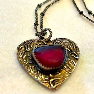 PMC Heart Pendant Red Seaglass Necklace sea beach glass